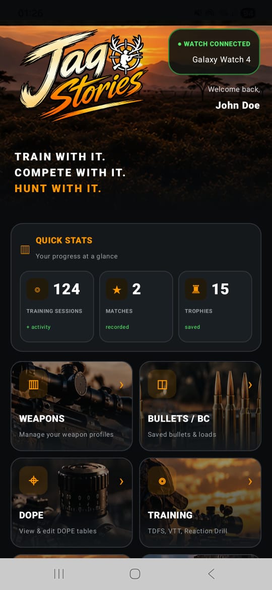 Jag Stories Android shooting app dashboard with connected training, match and hunting tools